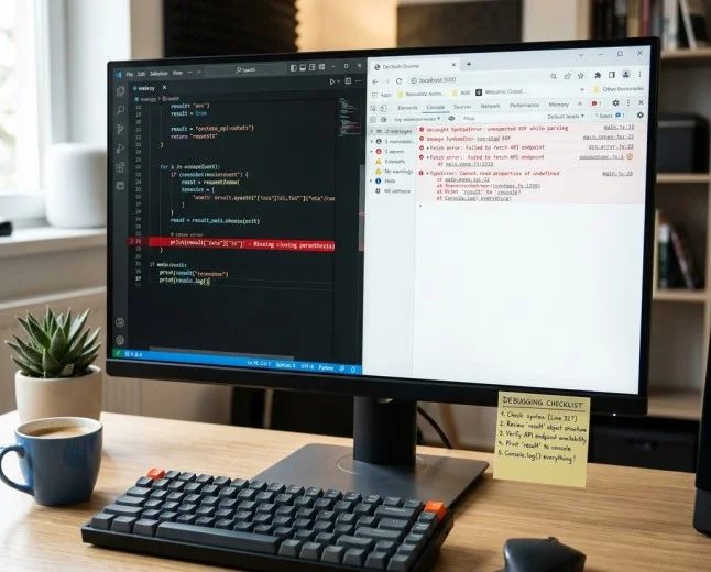 Developer screen showing code with highlighted error, console output, and breakpoint markers.