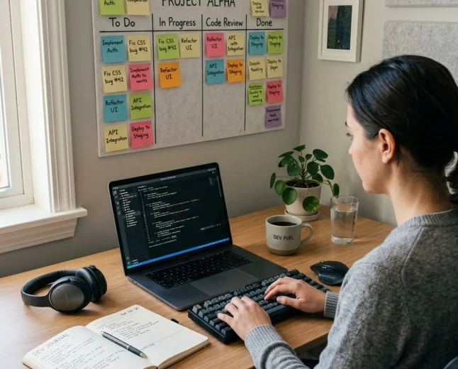 Organized developer desk with task board, timer, notebook, and clean workspace.