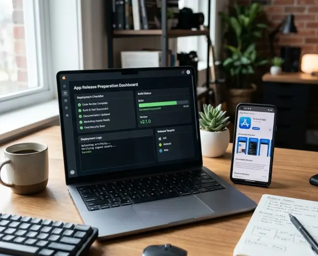 Laptop showing app release dashboard with deployment checklist and smartphone preview.