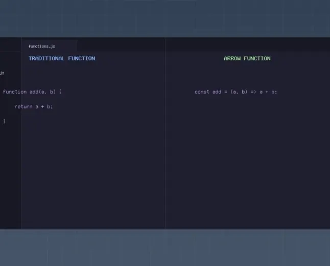 JavaScript traditional functions and arrow functions compared in a code editor.